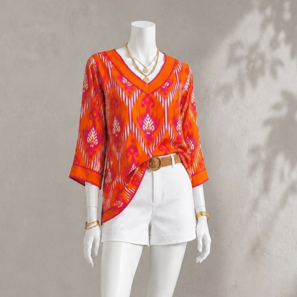 Gretchen Scott Top M Orange Purple Ikat Batik V Neck Cotton Resort Tunic